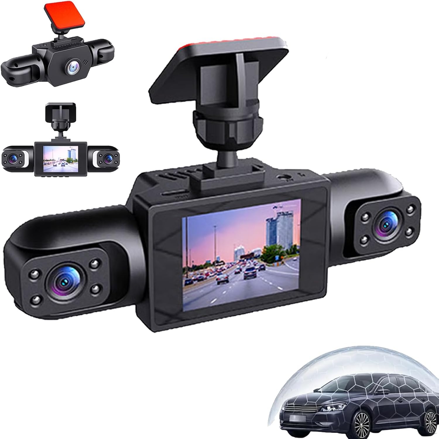 Panoramic Dash Cam 360 - Rundum 360-Grad 1080P Panorama-Dashcam mit 2-Zoll-Display,